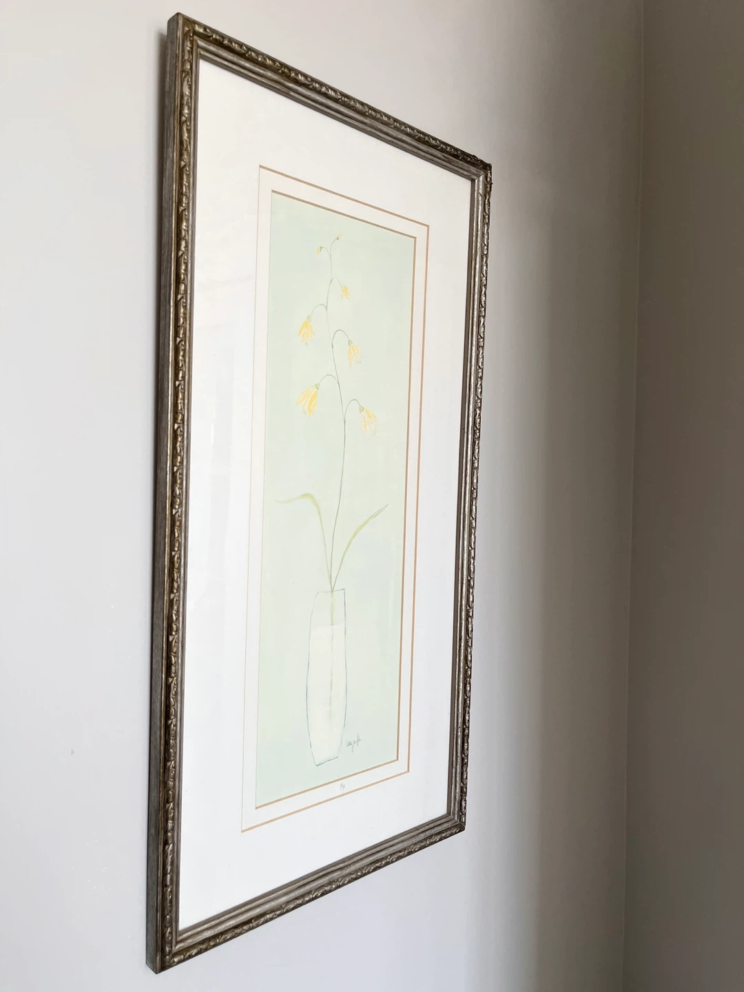 Pastel botanical watercolor wall art in vintage silver frame