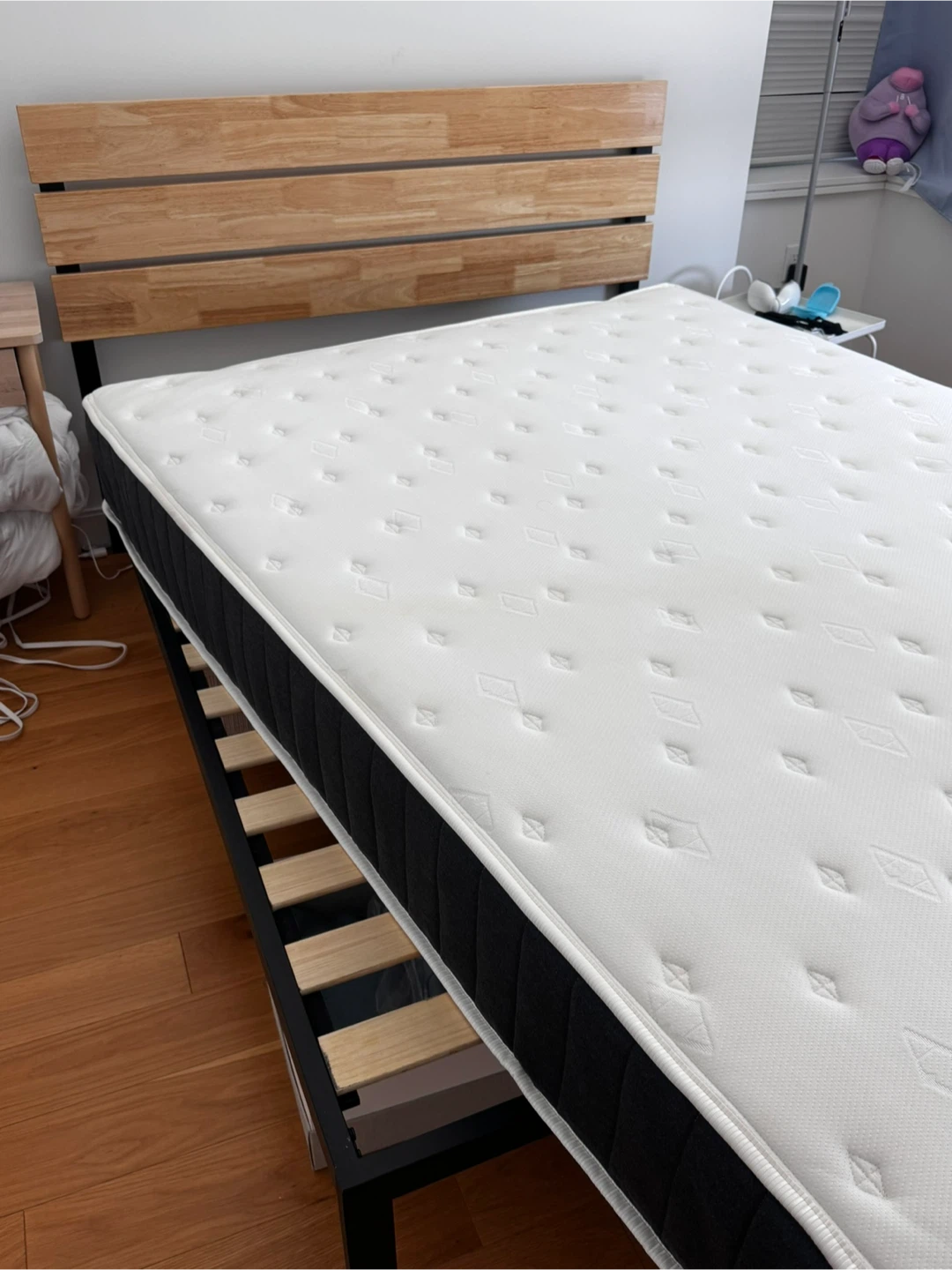 White Queen Size Mattress with Wooden Headboard