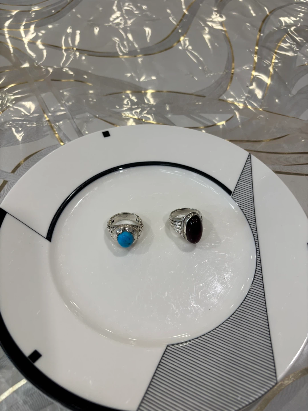 Set of 2 Sterling Silver Rings with Turquoise and Garnet