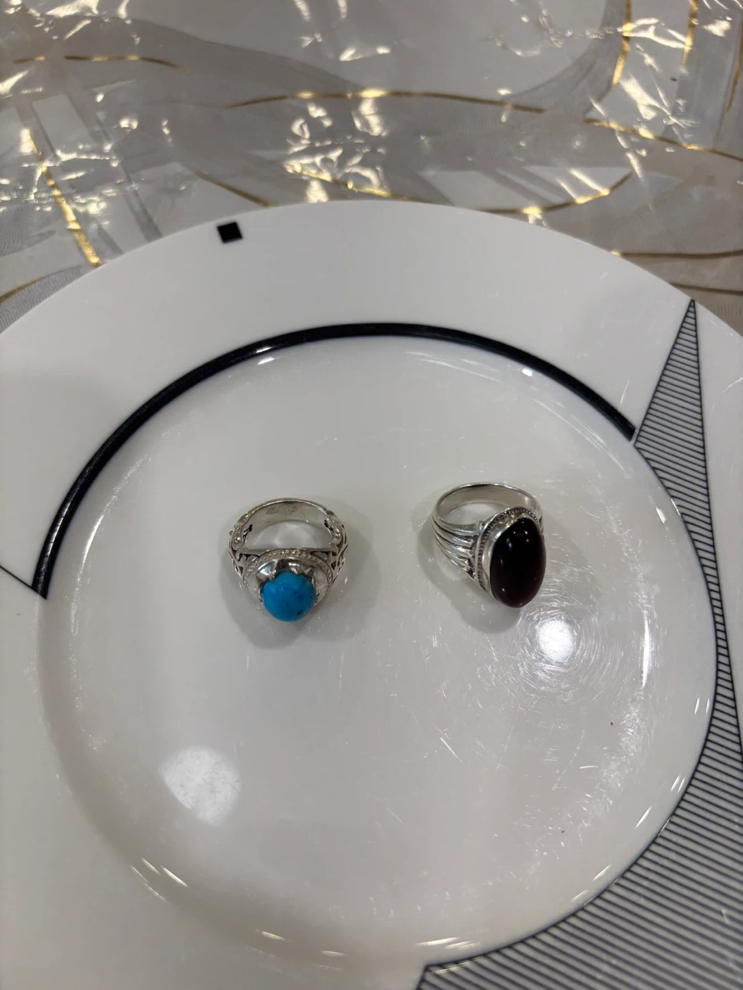 Set of 2 Sterling Silver Rings with Turquoise and Garnet - photo 2