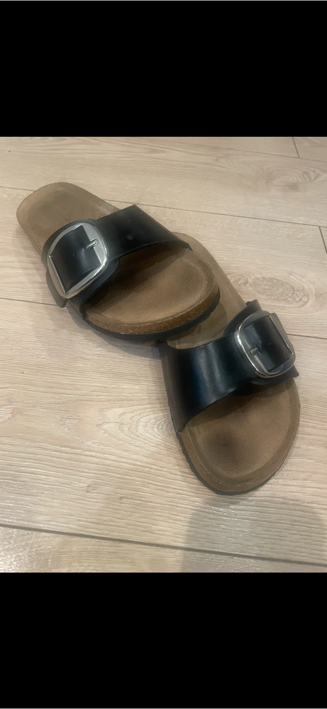 Black Leather Slides with Buckle Detail