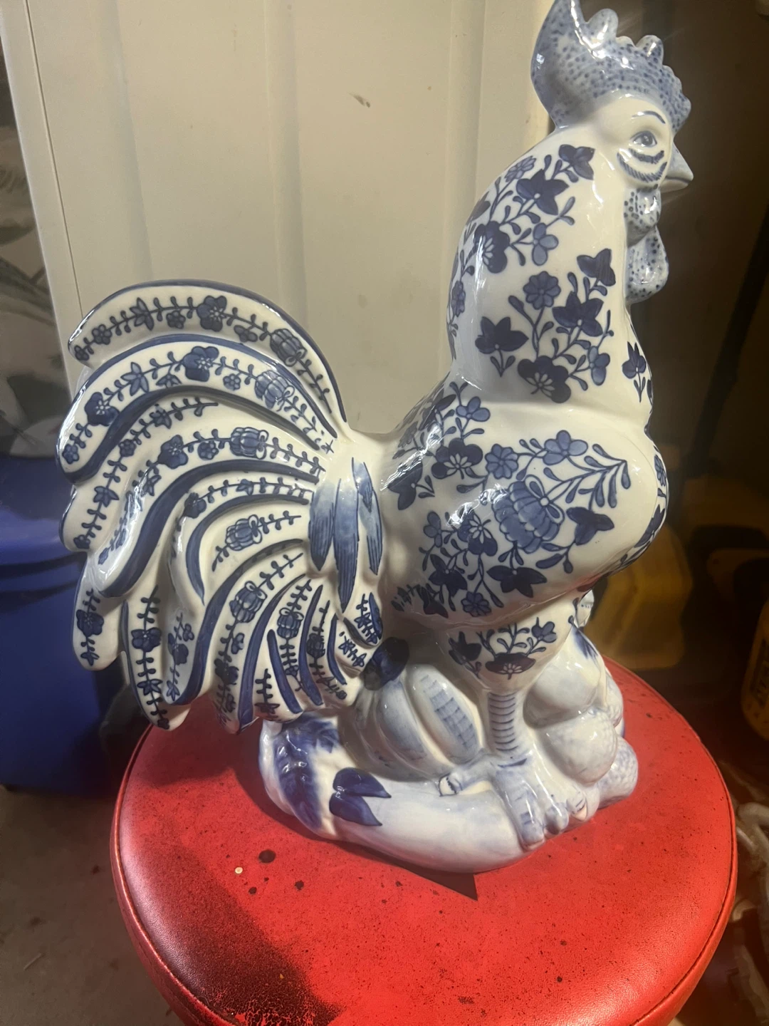 Blue and White Ceramic Rooster Figurine