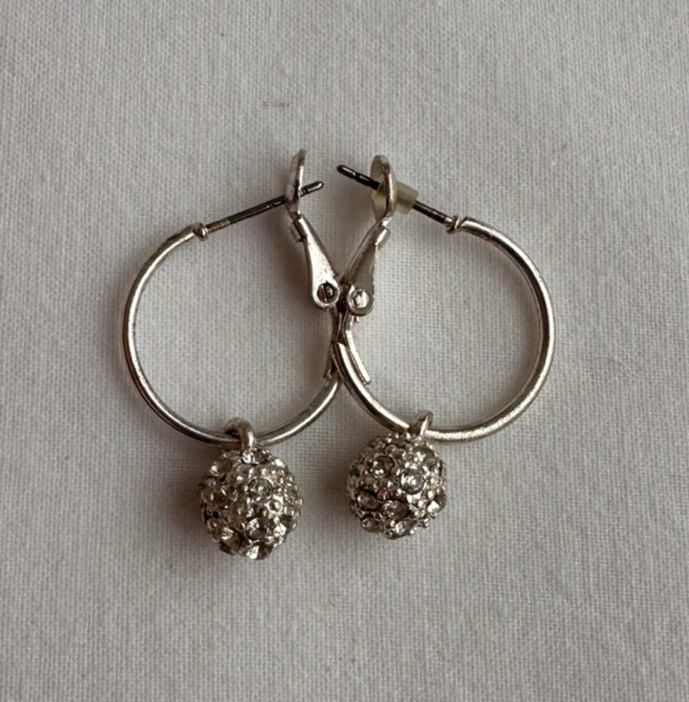 Silver tone Hoop Earrings with Pave Ball Dangles