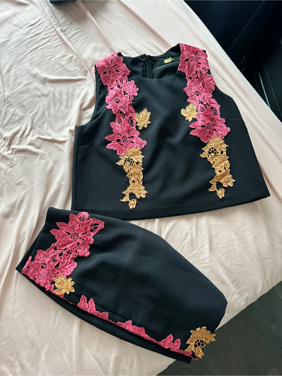 Black Crop Top & Skirt Set with Pink & Gold Floral Lace