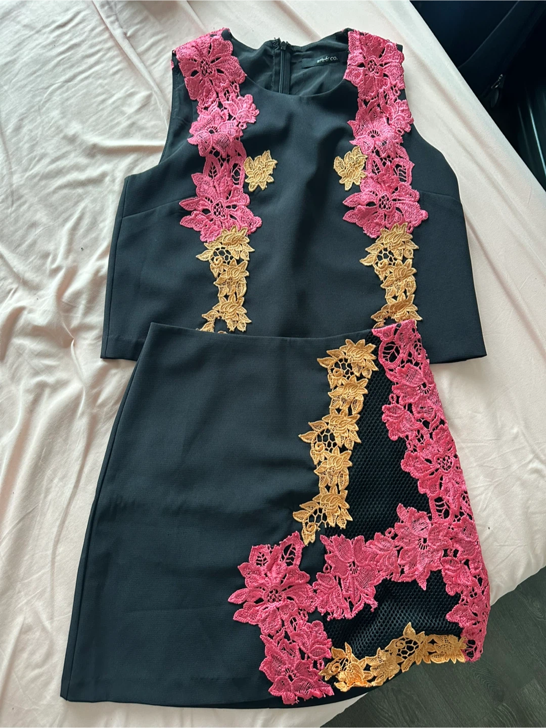 Black Crop Top & Skirt Set with Pink & Gold Floral Lace - photo 2