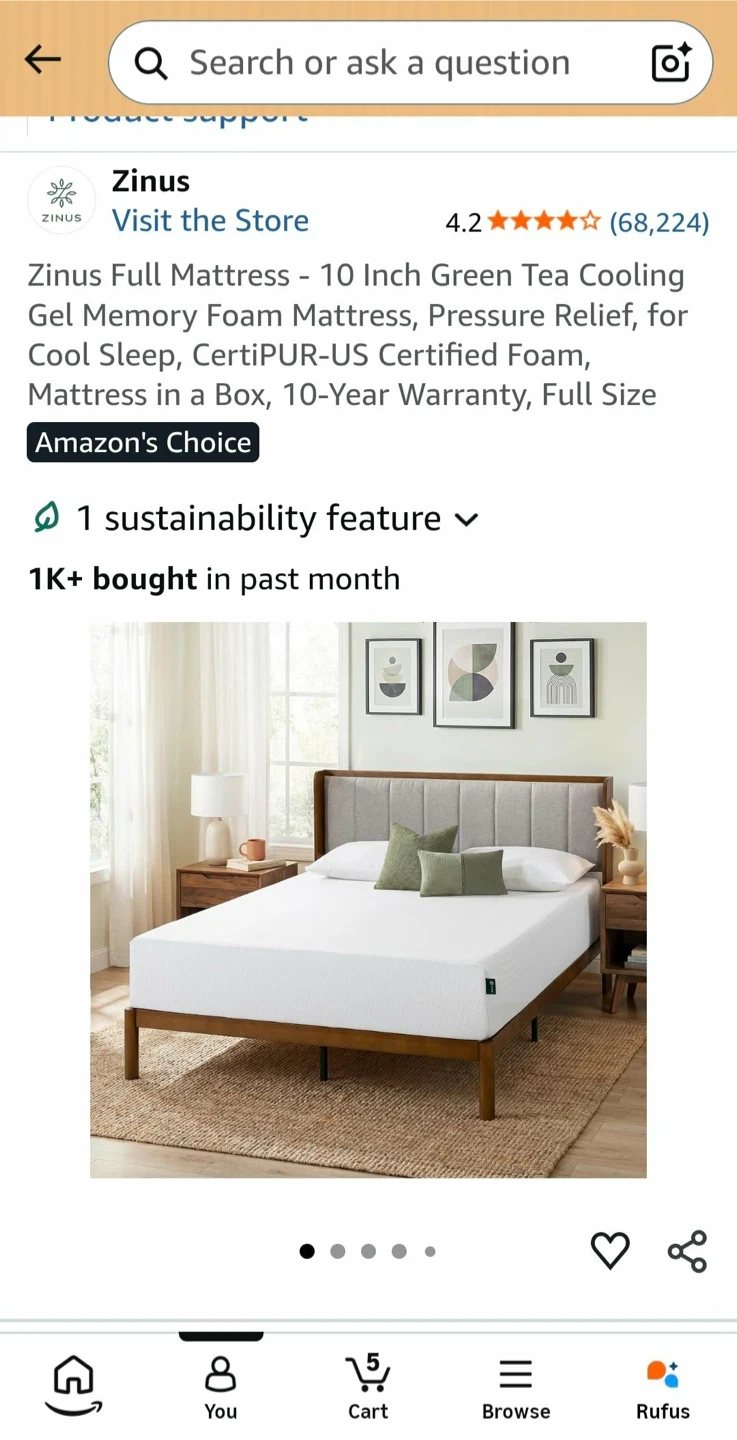 Zinus Full Mattress - 10 Inch Green Tea Cooling Gel Memory Foam
