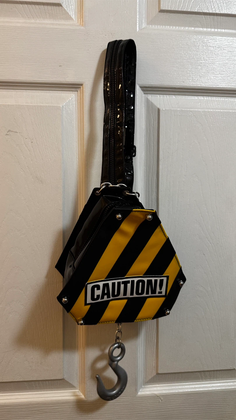 Black Patent "CAUTION!" Crane Hook Mini Backpack Purse
