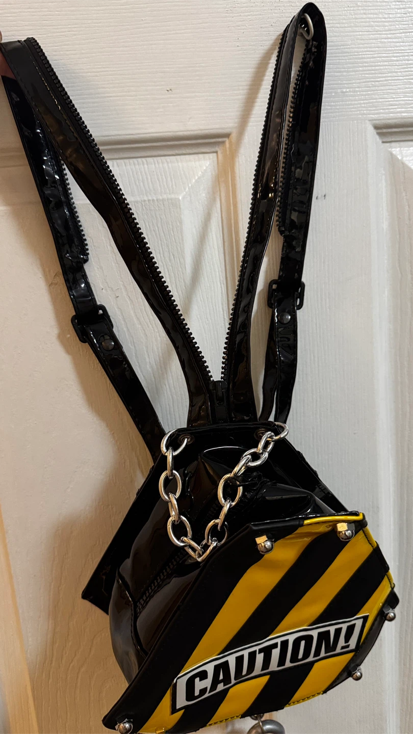 Black Patent "CAUTION!" Crane Hook Mini Backpack Purse - photo 3