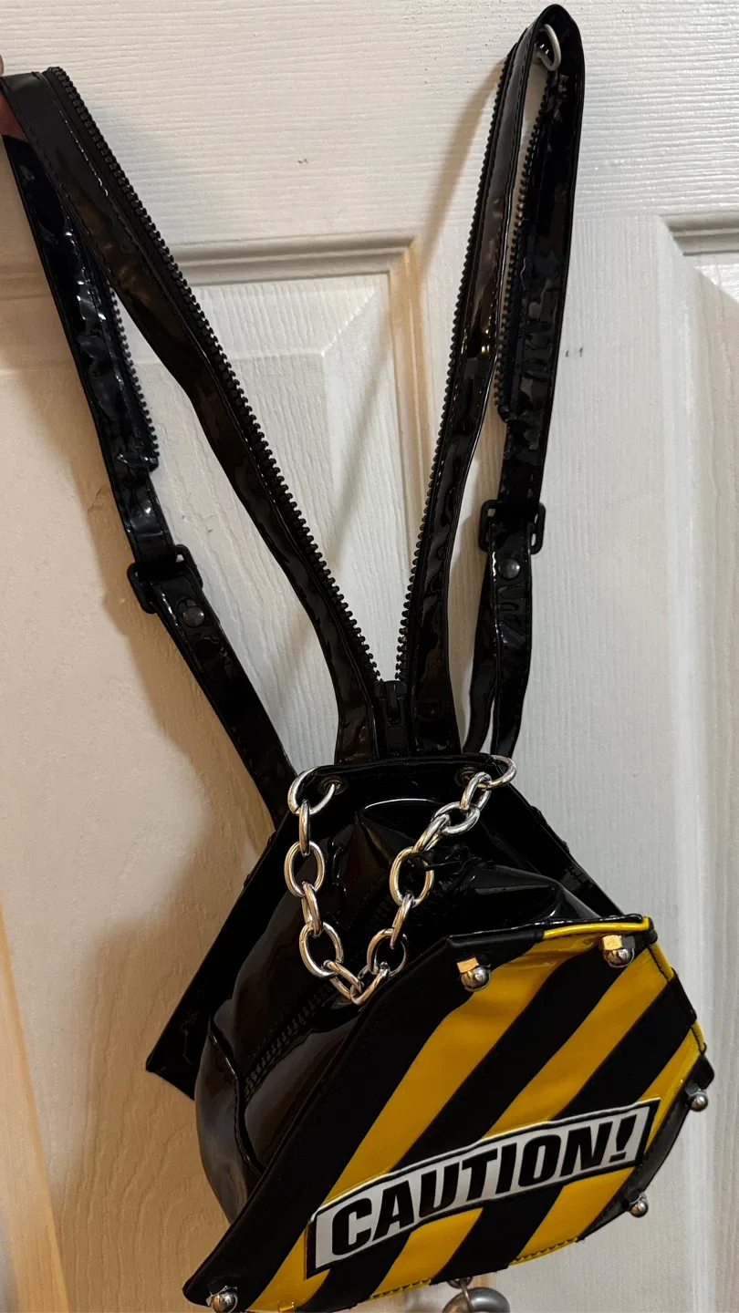 Black Patent "CAUTION!" Crane Hook Mini Backpack Purse - photo 3