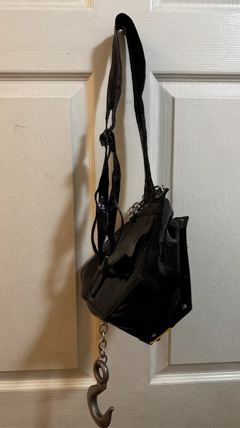 Black Patent "CAUTION!" Crane Hook Mini Backpack Purse - photo 4