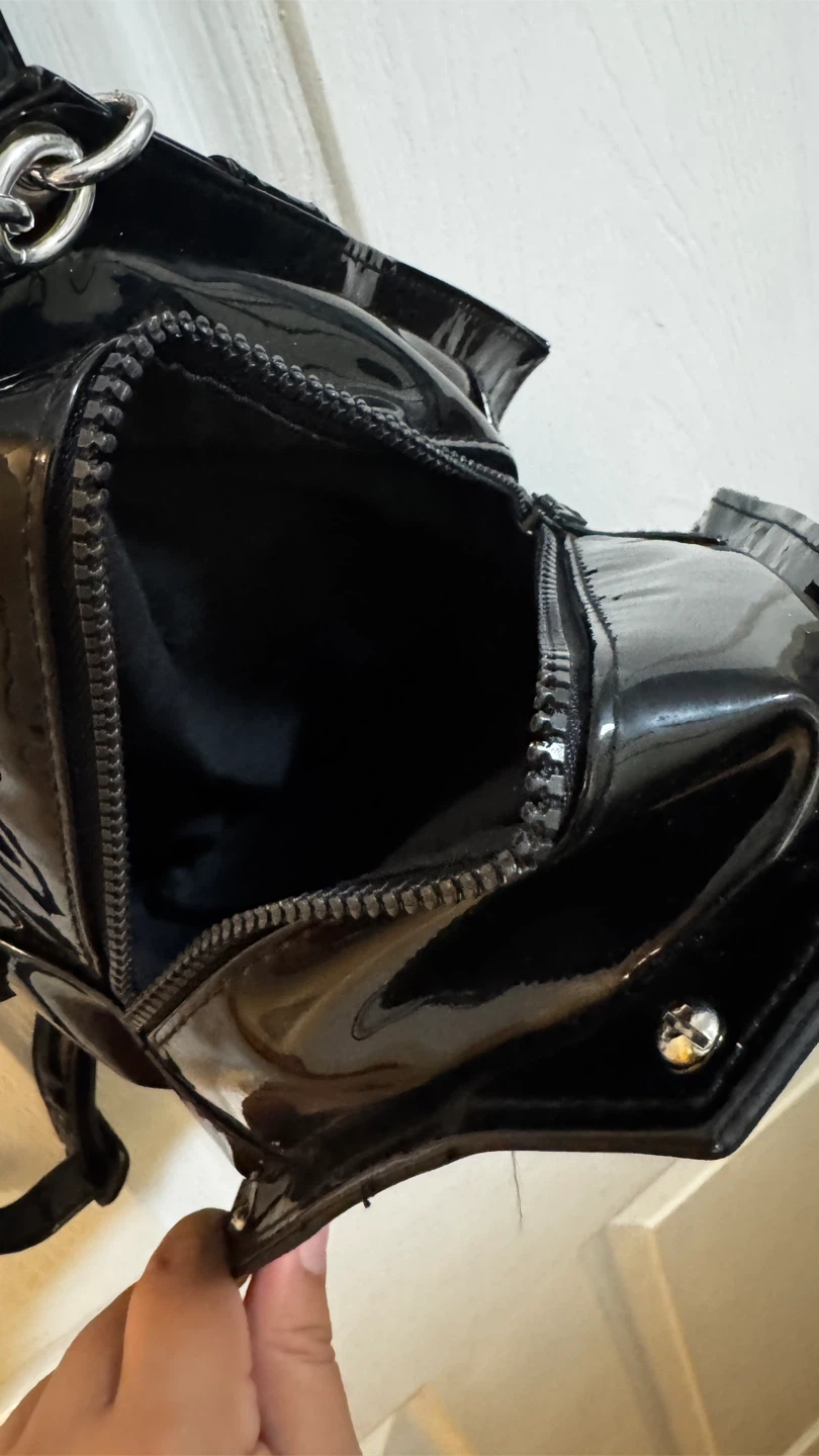 Black Patent "CAUTION!" Crane Hook Mini Backpack Purse - photo 5