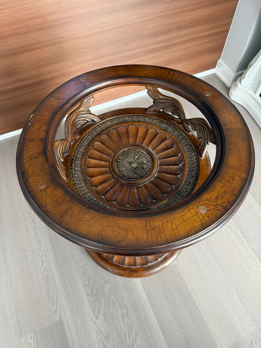 Ornate Wooden Pedestal Table Base with Glass Top