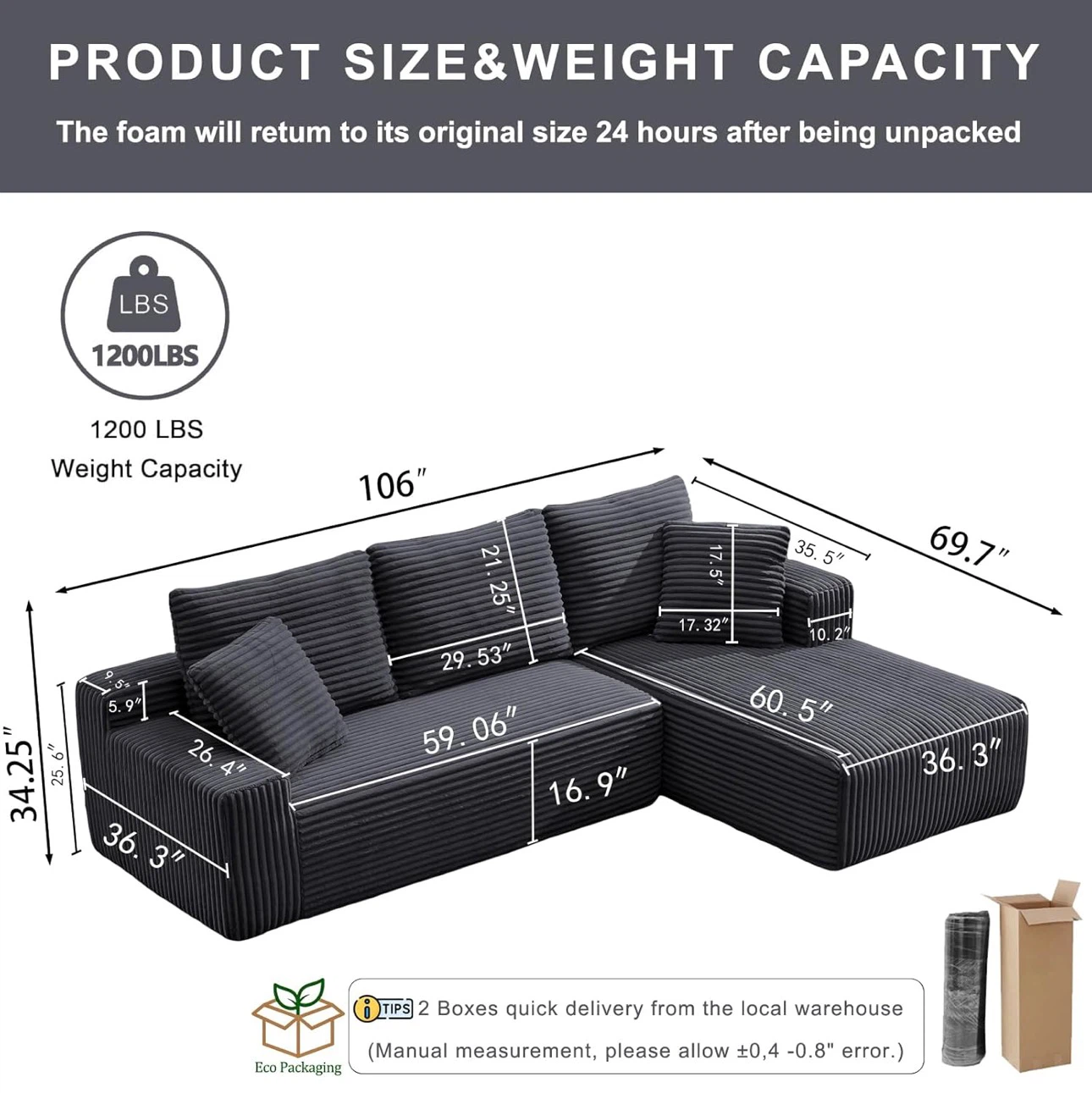 Grey Corduroy Sectional Sofa - photo 2
