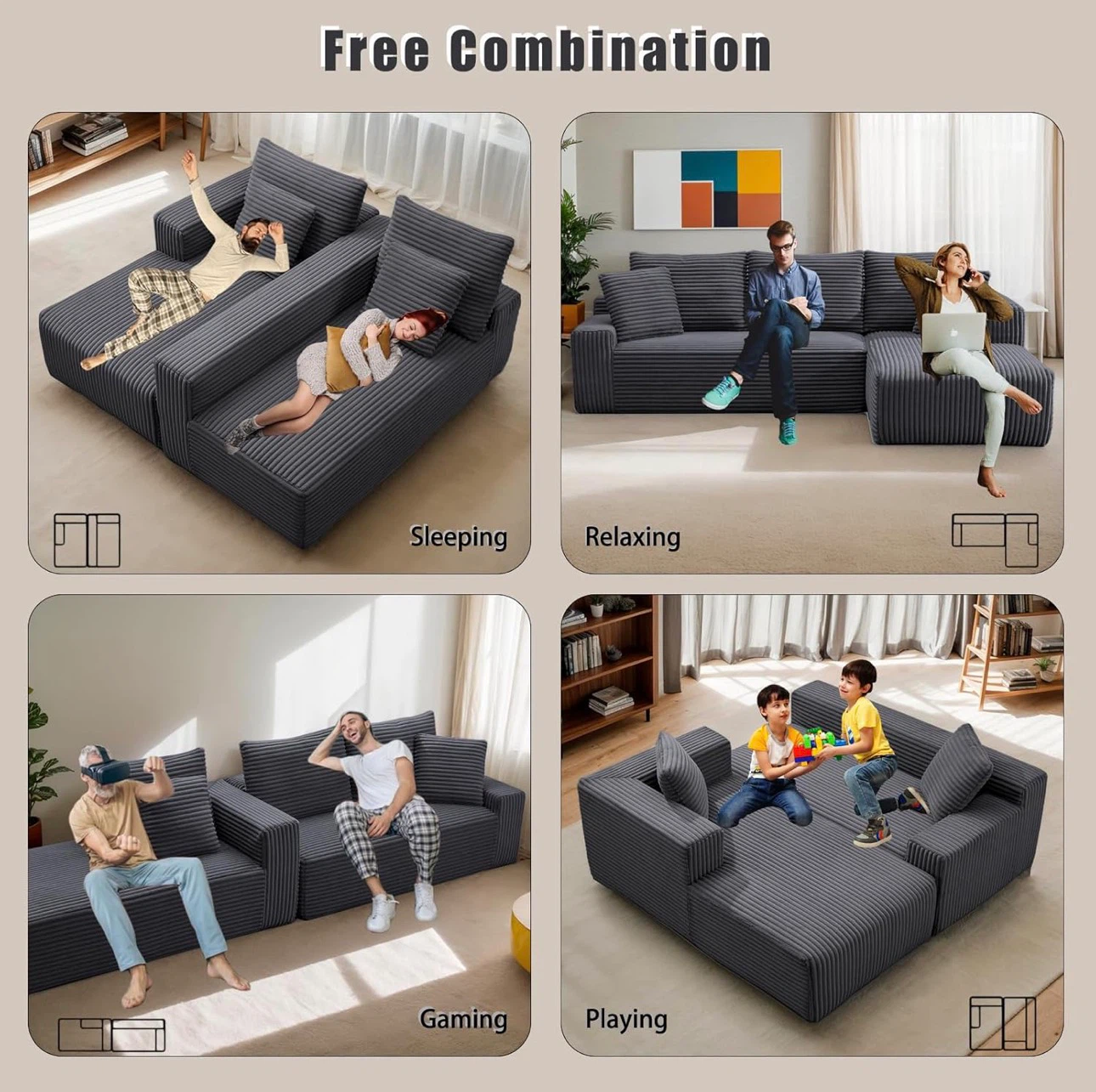 Grey Corduroy Sectional Sofa - photo 3