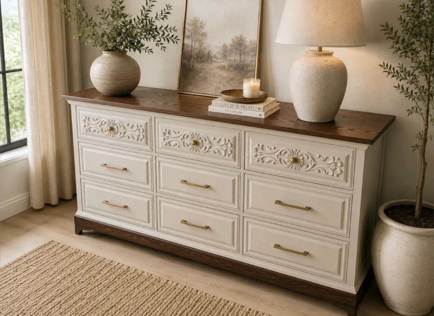 ✨Refinished Malcolm Dresser | Carved Details & Oak Top✨ - photo 3