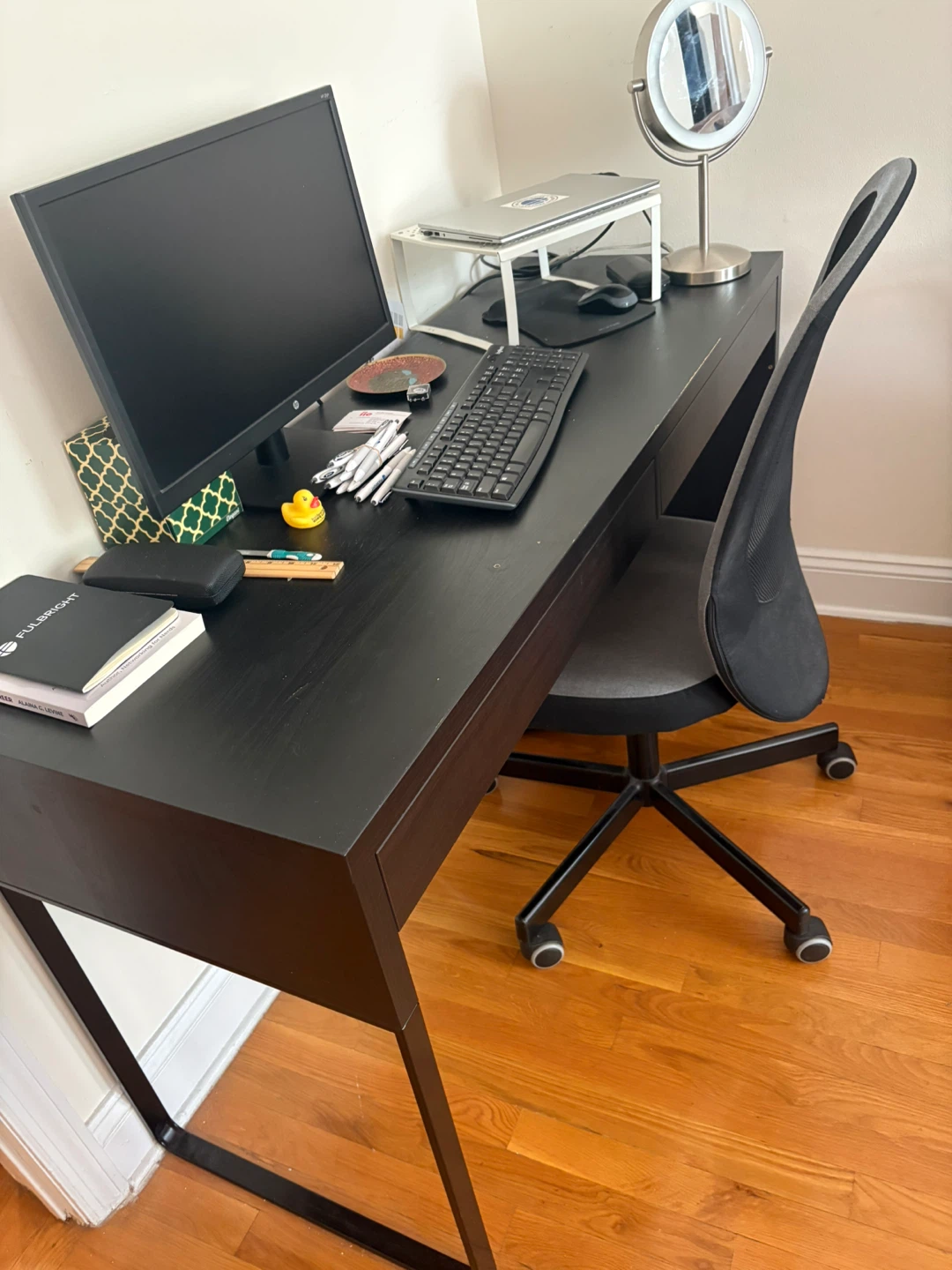 Black Modern Desk with Drawer and Rolling Chair