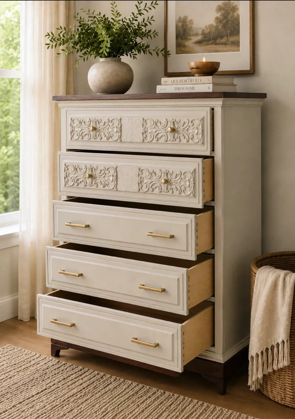 ✨Refinished Malcolm Tallboy | Carved Details & Oak Top✨ - photo 4