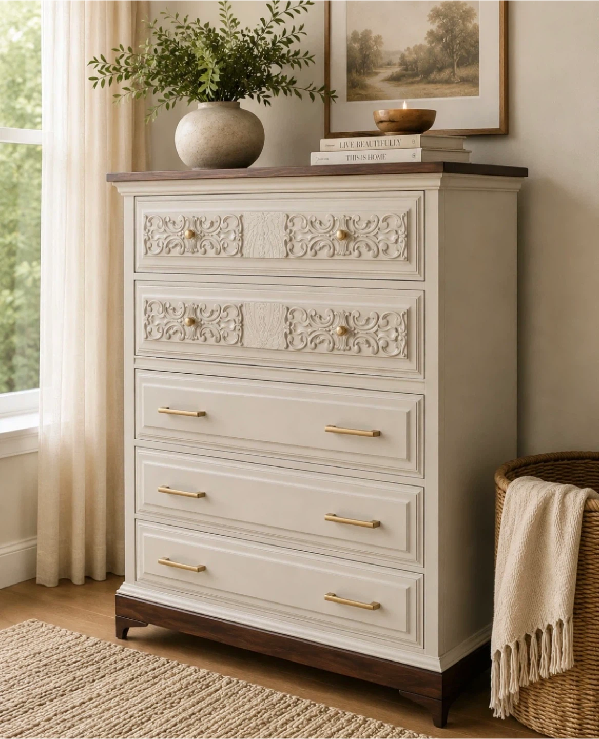 ✨Refinished Malcolm Tallboy | Carved Details & Oak Top✨ - photo 2