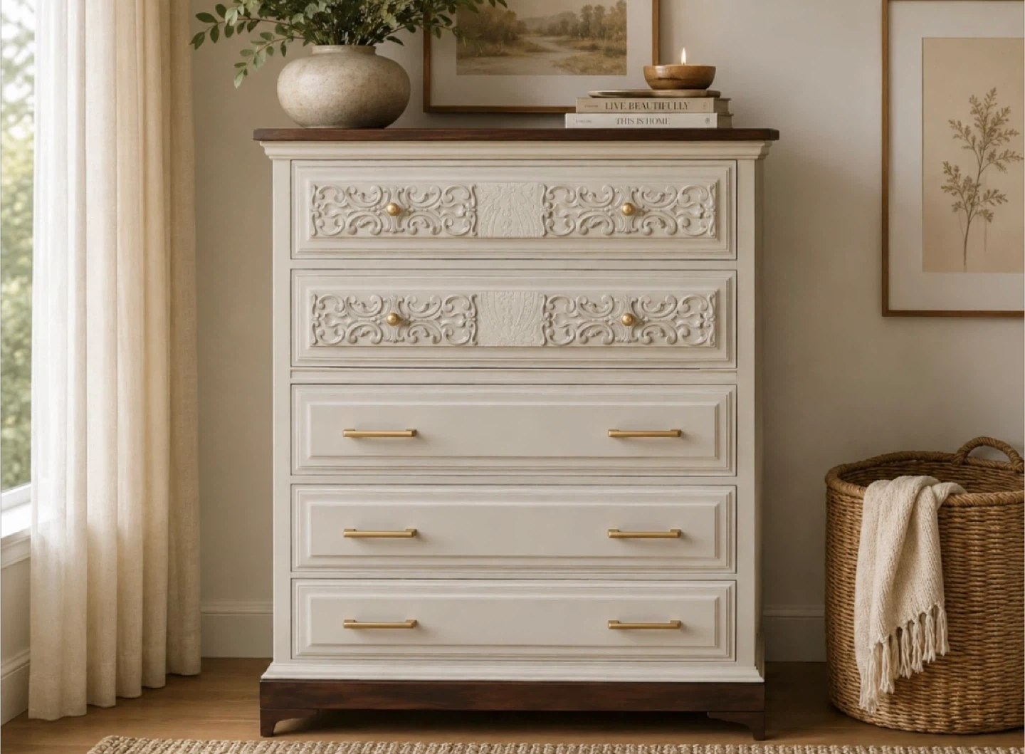 ✨Refinished Malcolm Tallboy | Carved Details & Oak Top✨