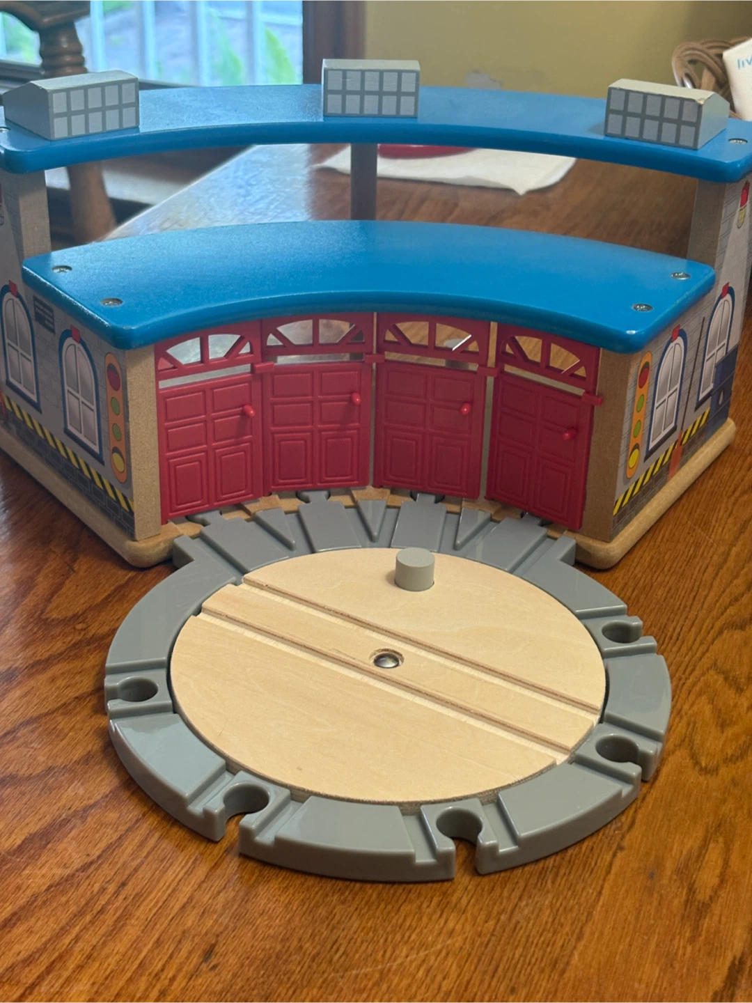 Wooden Toy Train Turntable and Engine Shed