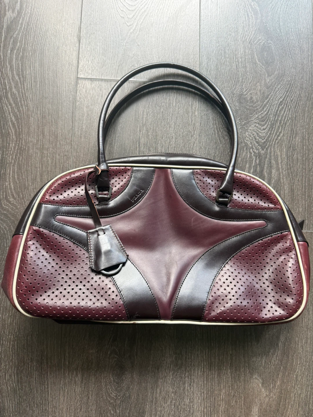PRADA Burgundy Vitello Drive leather bowling handbag