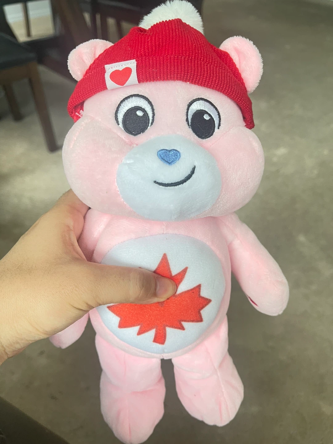 Pink Care Bear Plush with Maple Leaf and Beanie