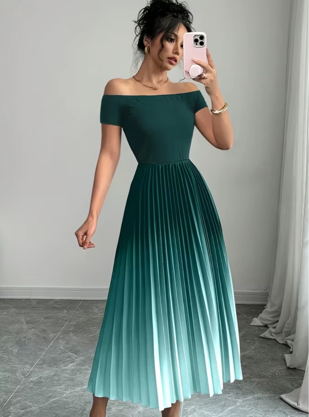 Off-the-shoulder pleated ombre midi dress
