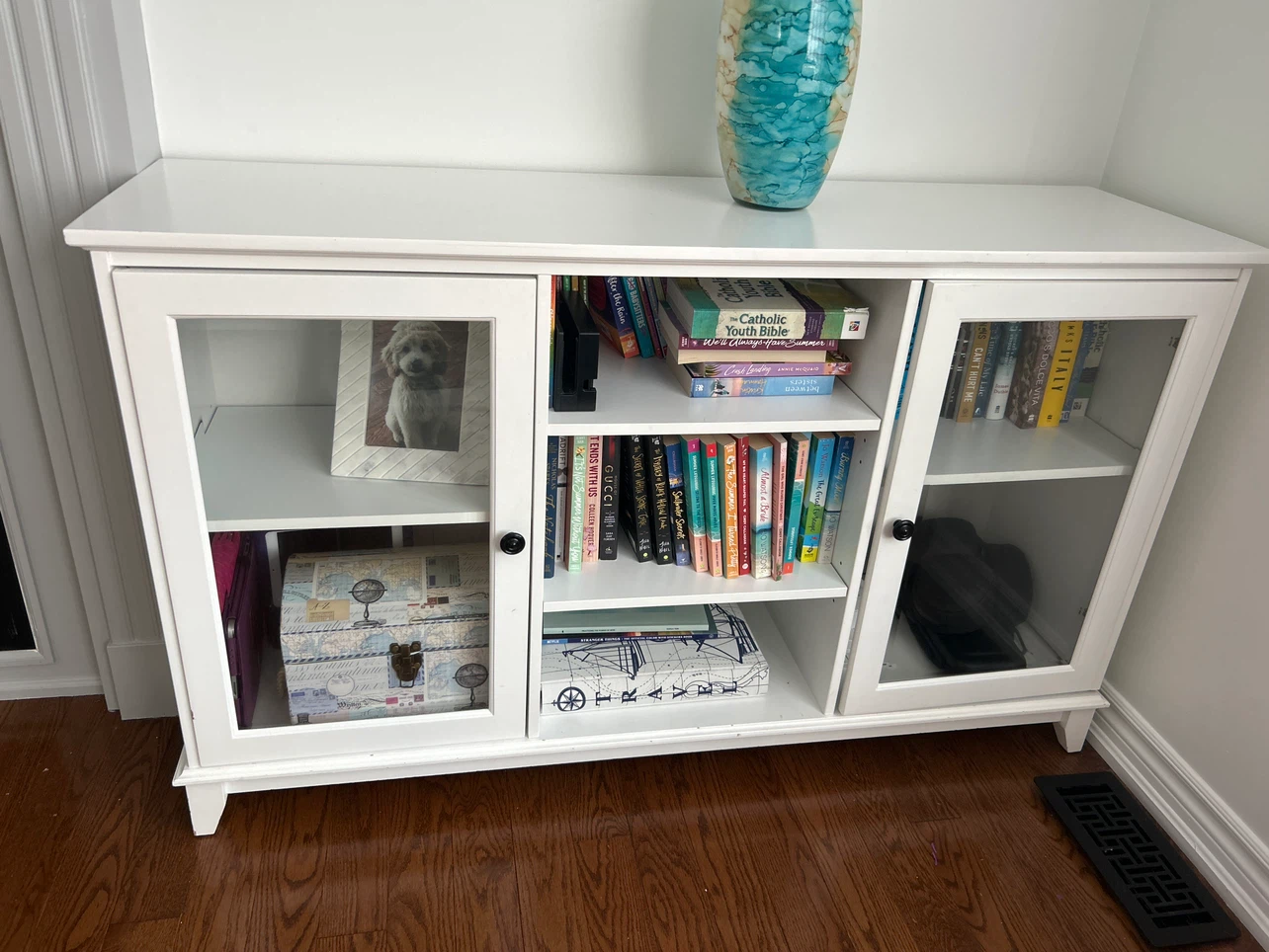 White Media Console with Glass Doors