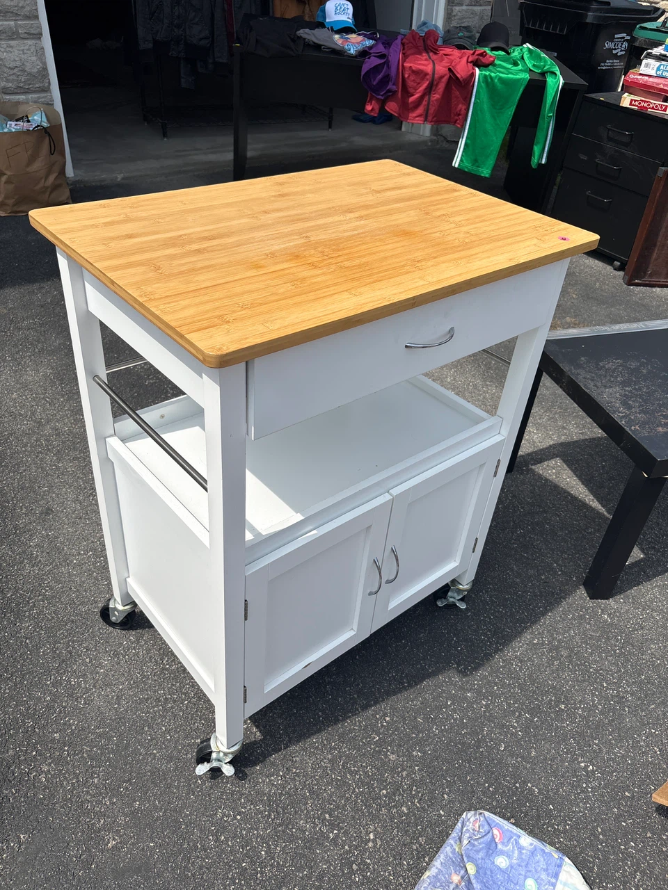 White Kitchen Cart with Bamboo Top