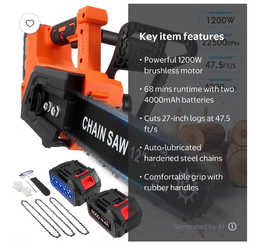12-Inch Cordless Chainsaw with 2 x 4000mAh Batteries - photo 2
