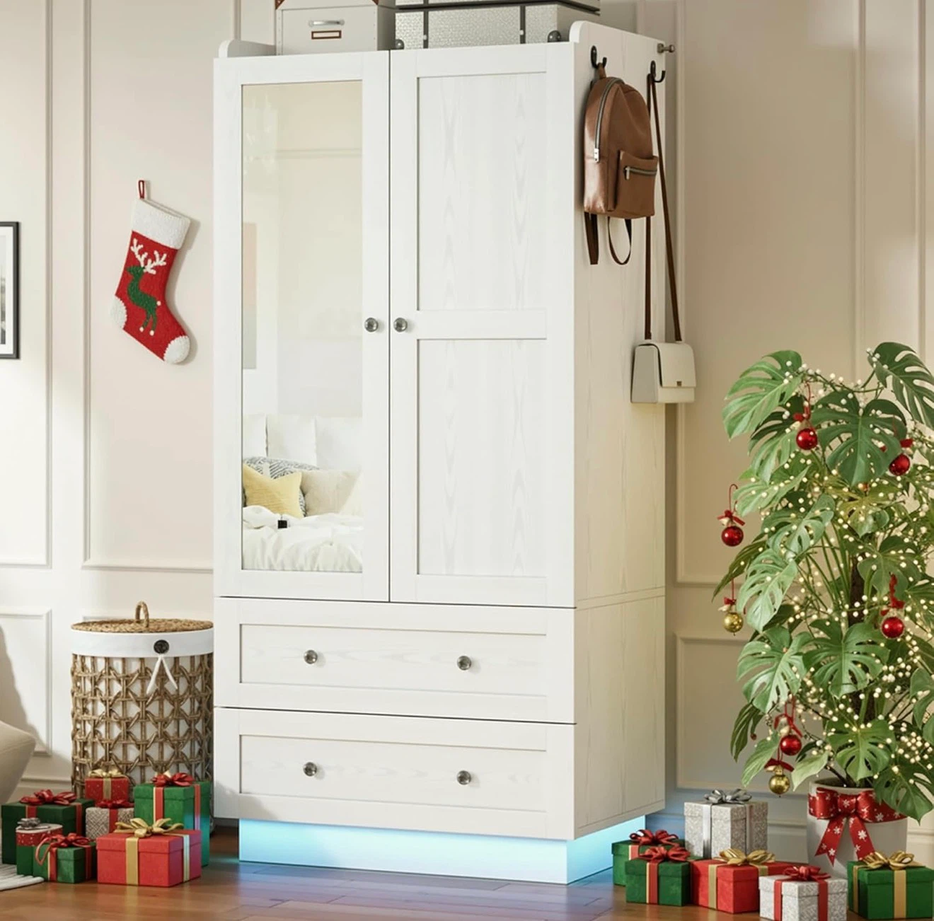 White Wardrobe with Mirror and LED Light