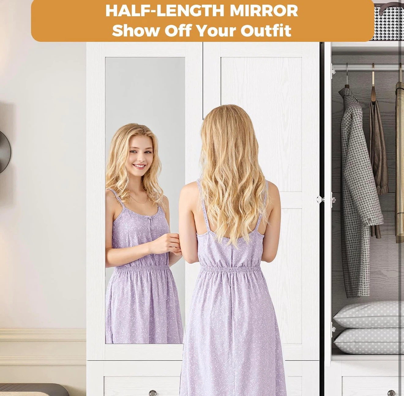 White Wardrobe with Mirror and LED Light - photo 4