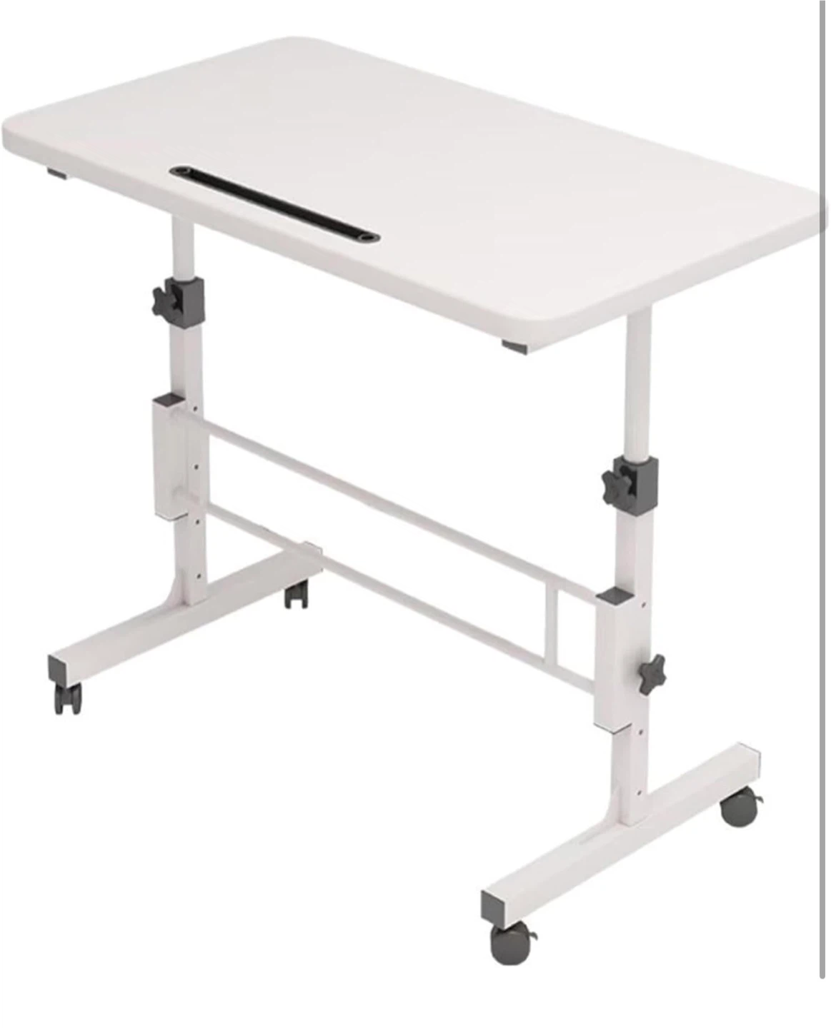 Adjustable White Rolling Bedside Table with Tablet Slot