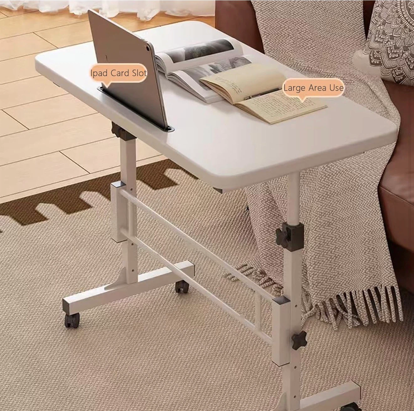 Adjustable White Rolling Bedside Table with Tablet Slot - photo 2