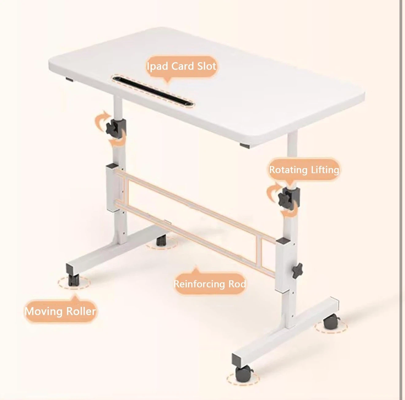 Adjustable White Rolling Bedside Table with Tablet Slot - photo 3