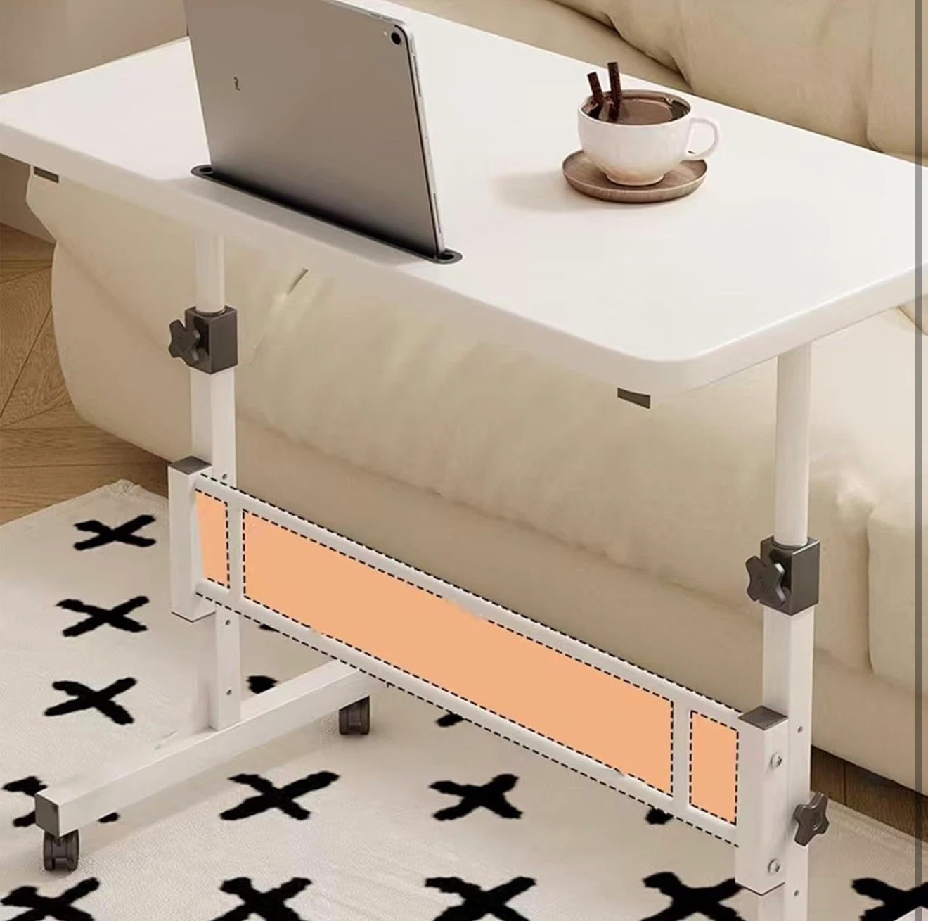 Adjustable White Rolling Bedside Table with Tablet Slot - photo 5