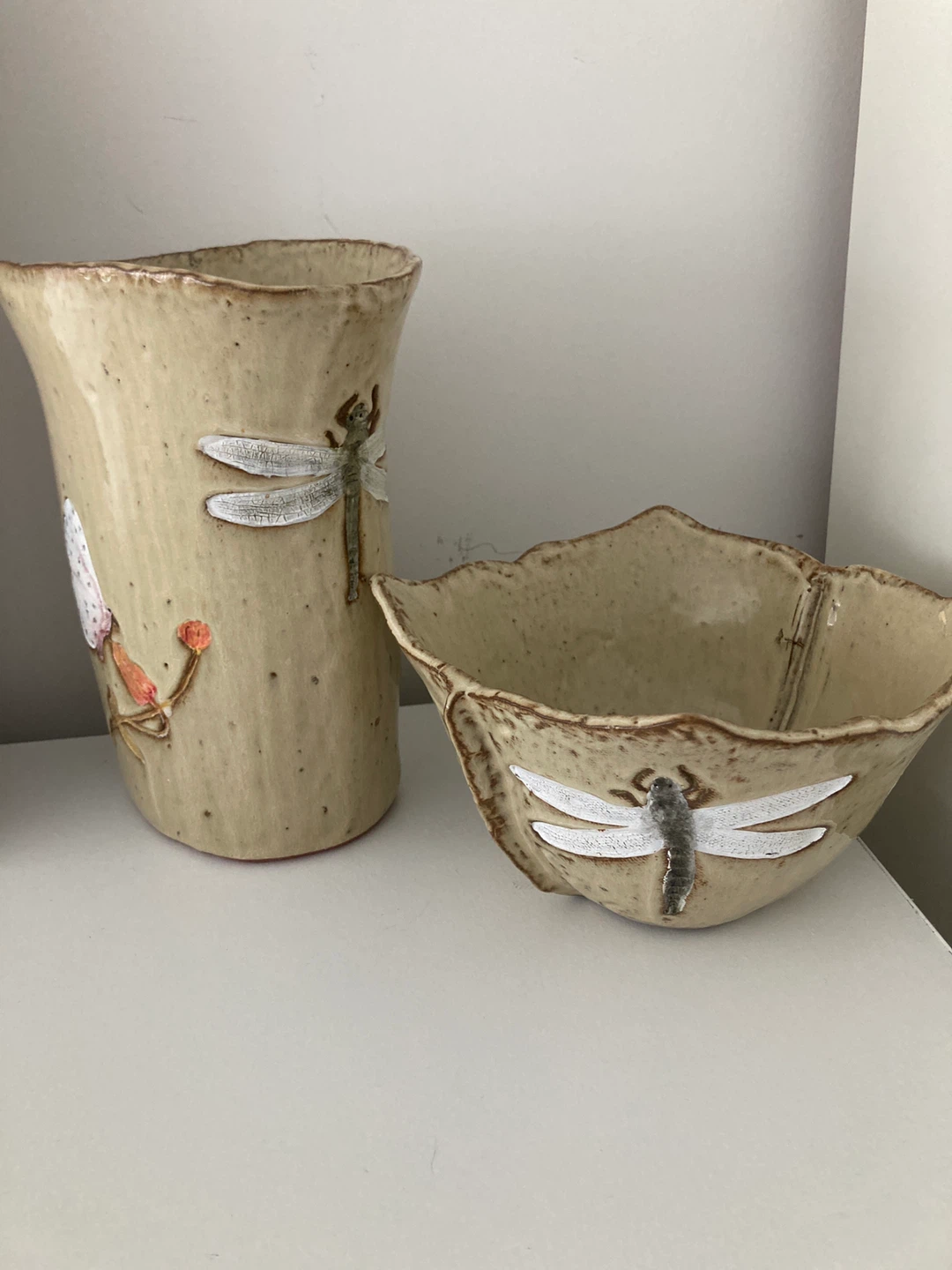 Ceramic Vase and Bowl Set with Dragonfly Design