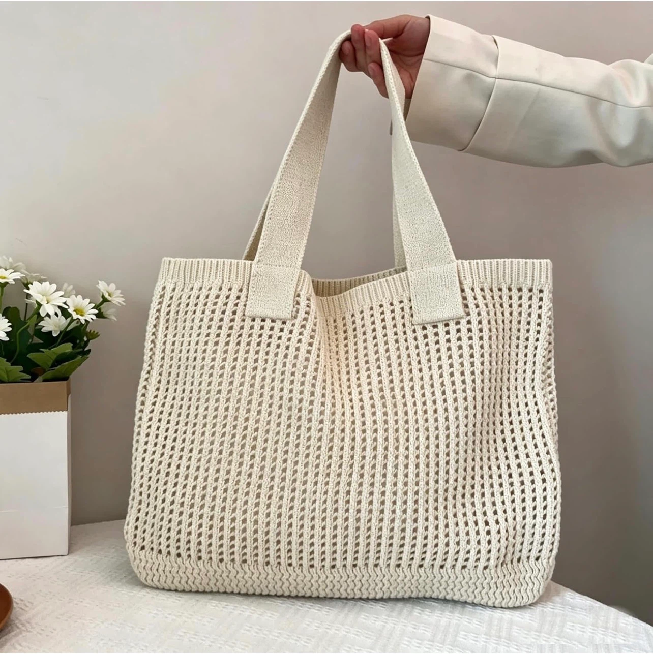 Cream Crochet Tote Bag