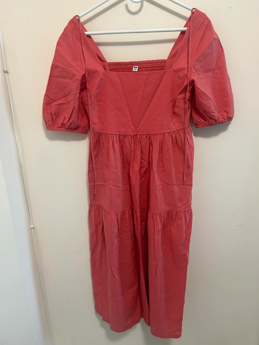 UNIQLO Pink Square Neck Tiered Midi Dress