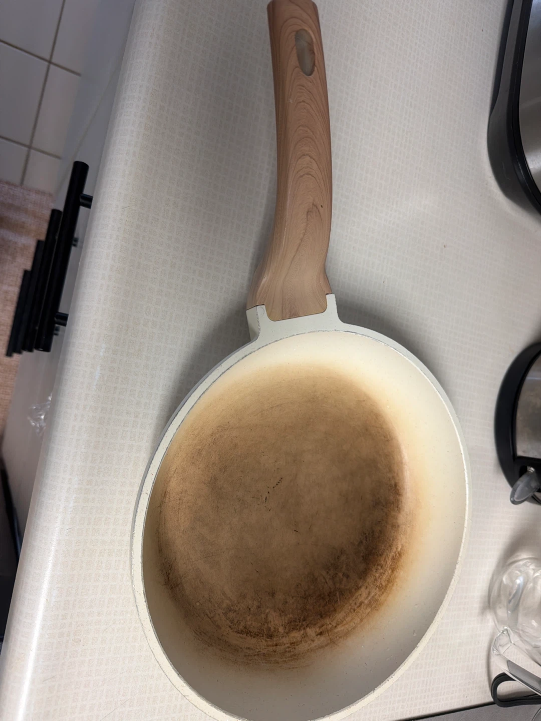 White Frying Pan with Wood Handle