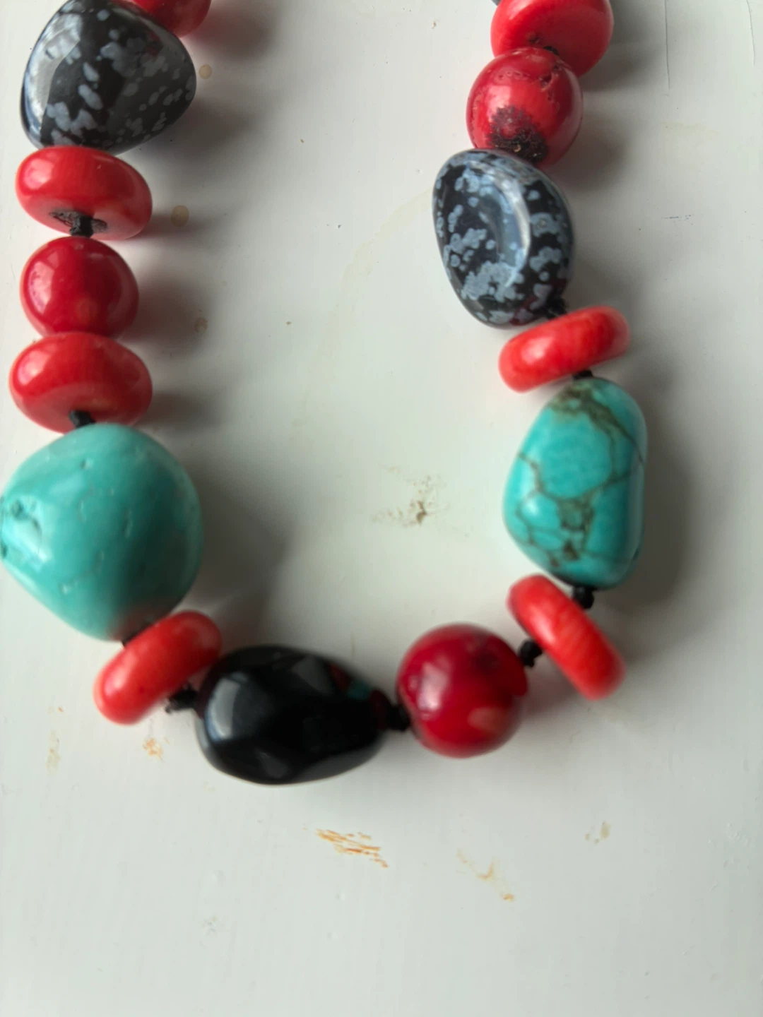Red Coral, Turquoise, Onyx & Snowflake Obsidian Beaded Necklace