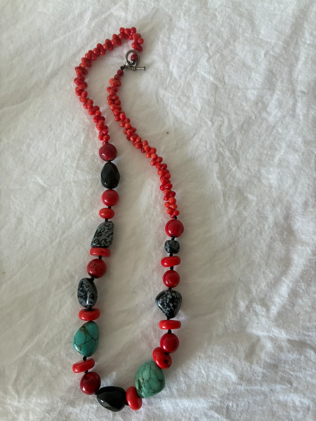 Red Coral, Turquoise, Onyx & Snowflake Obsidian Beaded Necklace - photo 2