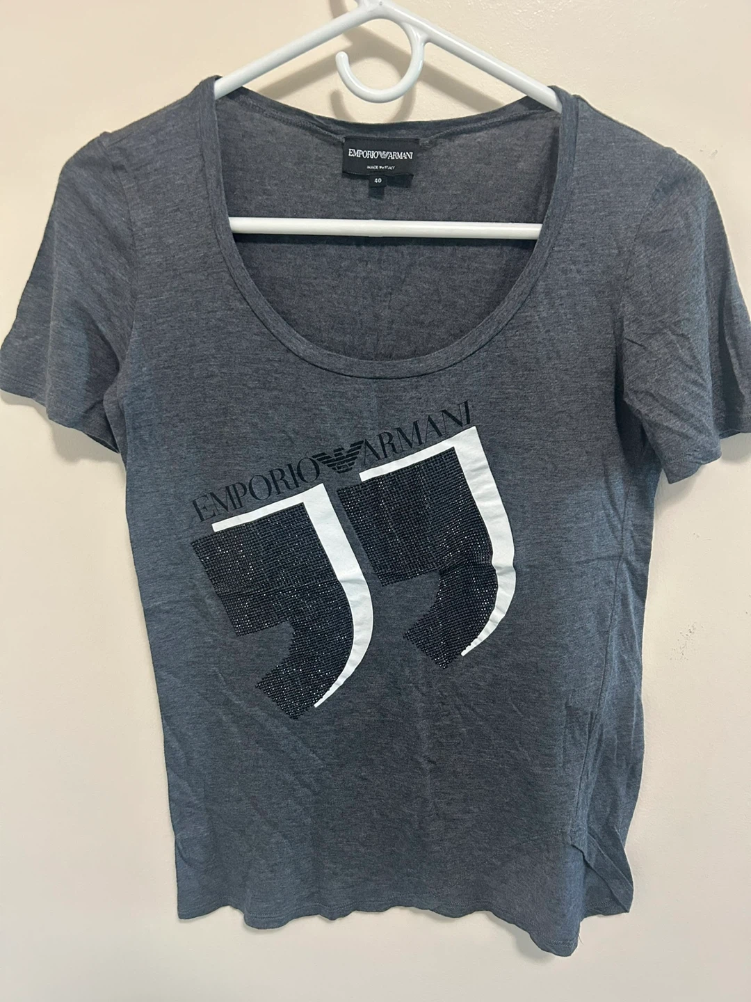Emporio Armani Women's Grey Rhinestone Graphic T-Shirt Size 40
