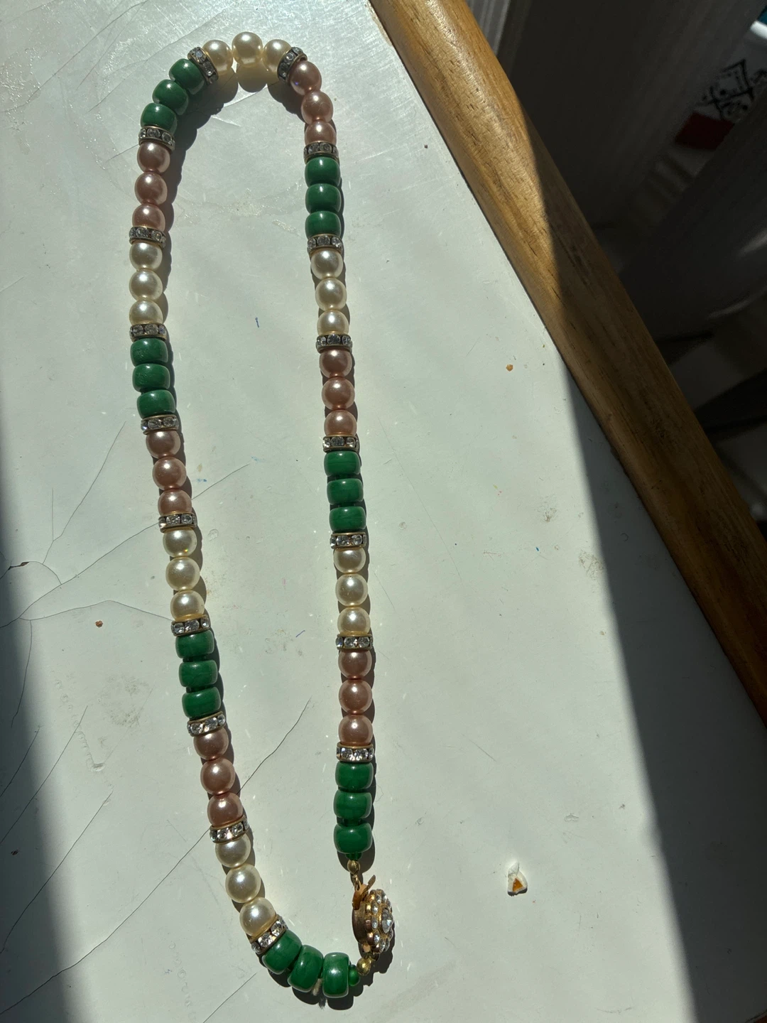 Beaded Necklace - Green, Pearl & Rose Gold