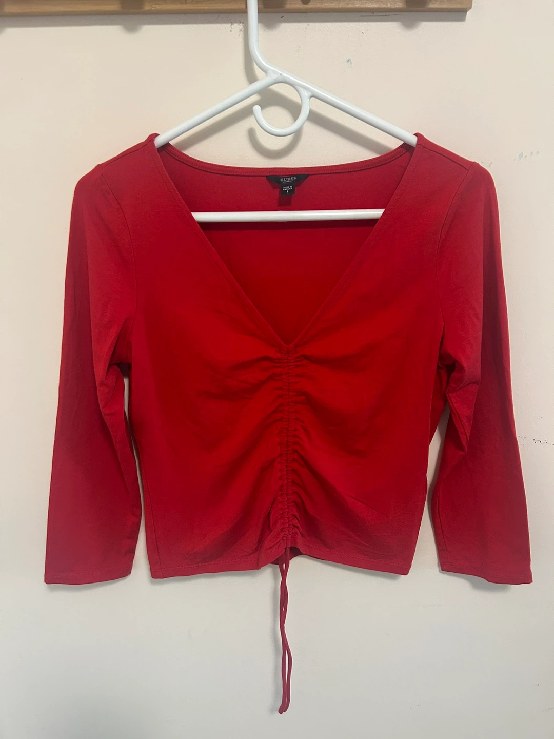 Guess Red Ruched Cinched Drawstring V-Neck Cropped Top
