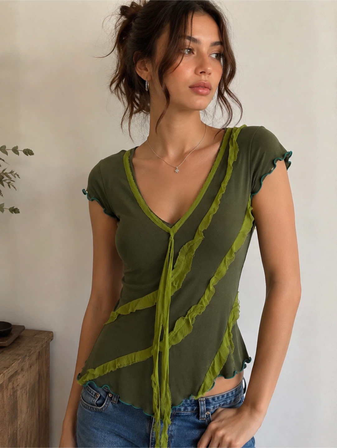 Y2K Oasis Olive Green Embellished Top