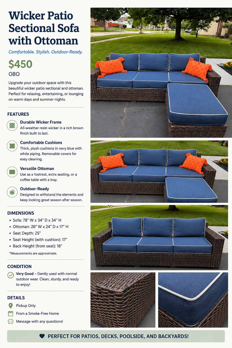 Wicker Patio Sectional Sofa with Ottoman