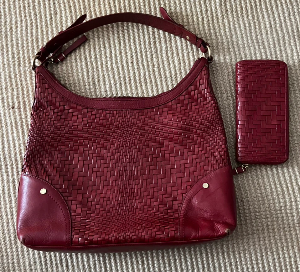 Cole Haan Red Woven Leather Handbag and Wallet Set