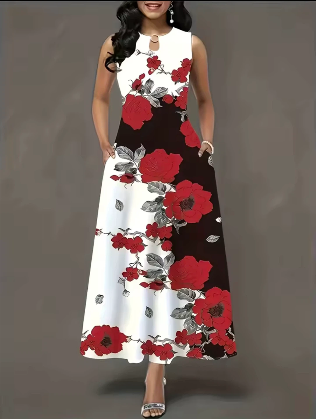 Sleeveless Maxi Dress with Red Floral Print Brand New