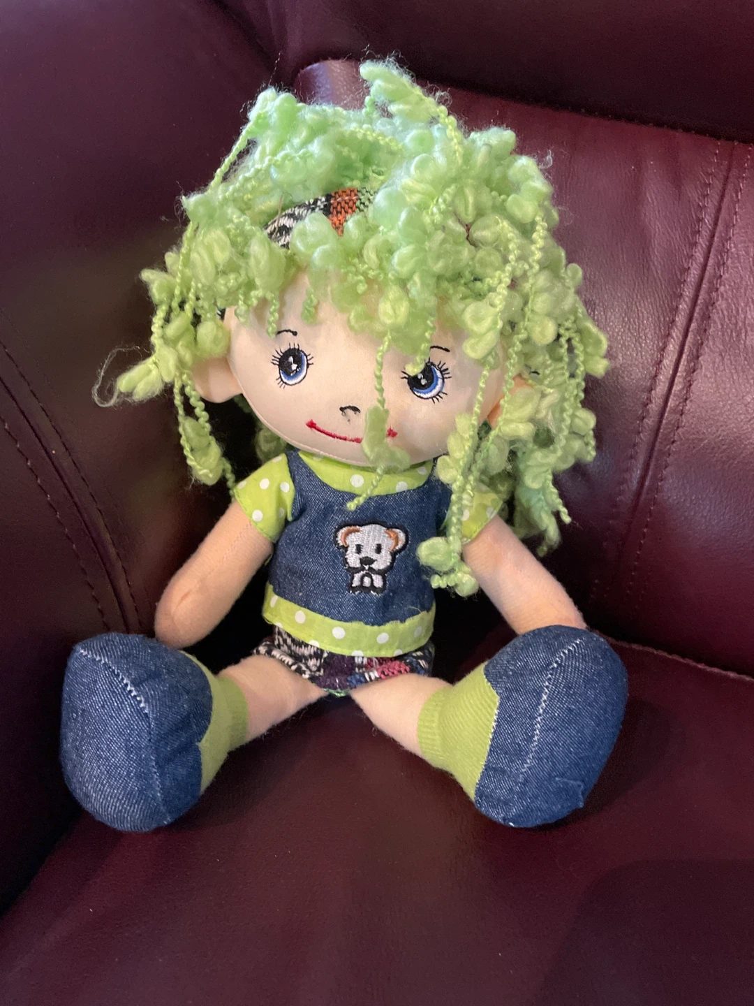 Plush Doll with Green Curly Hair and Denim Outfit